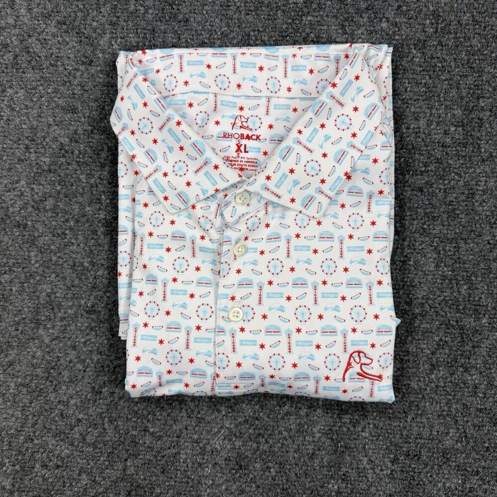 Rhoback Chicago Hot Dog Performance Golf Polo Men’s XL White Red Blue Shirt - Picture 11 of 11